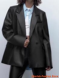 Moda feminina de couro botão frontal falso blazer casaco vintage manga longa bolsos femininos outerwear chique veste femme marca