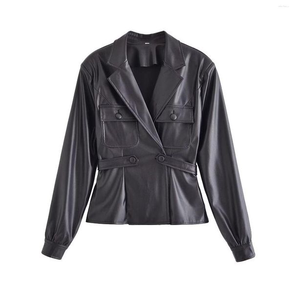 Moda de mujer de cuero con bolsillos de cinturón PU negro Blazer Vintage cuello entallado mangas largas mujer Chic Lady trajes