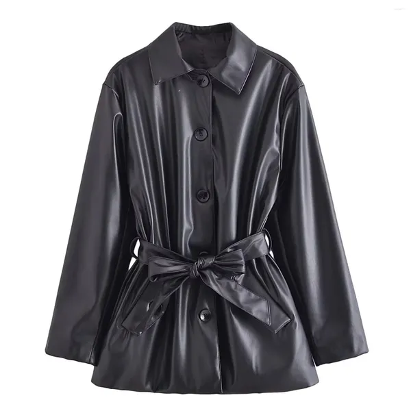 Moda feminina de couro com cinto pu preto único breasted camisa casacos vintage lapela pescoço mangas compridas feminino chique senhora outfits