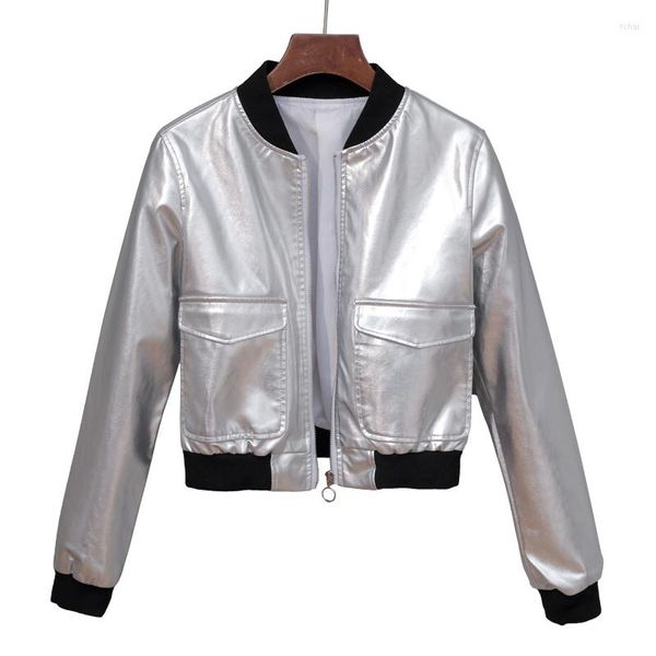 Chaqueta de cuero de imitación para mujer, abrigo Vintage de manga larga con cremallera corta para motorista, abrigos femeninos de calle alta de Pu plateados, negros y rojos