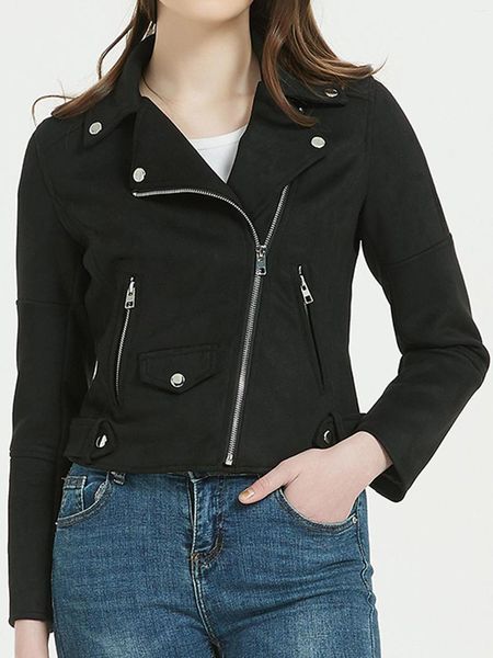 Veste en cuir Faux daim pour femme, manteaux de moto, fermeture éclair, col rabattu, pardessus doux, noir, Punk court