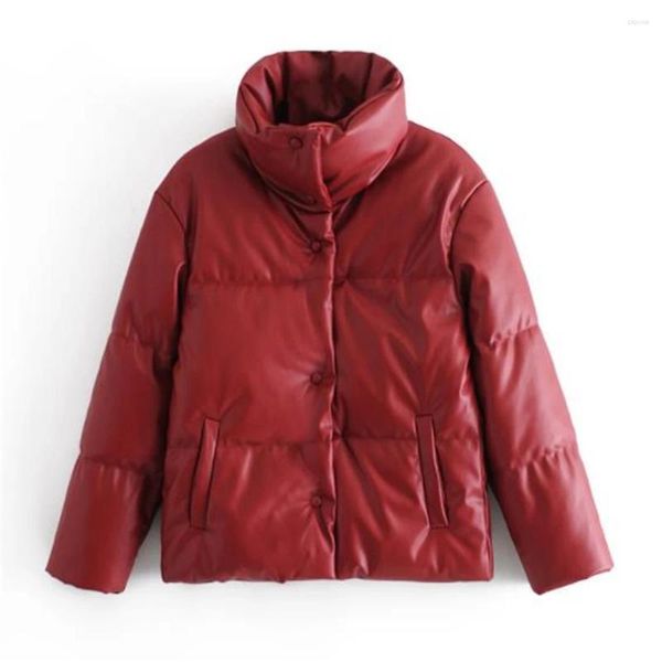 Chaqueta de piel sintética para mujer, abrigo con botones, cuello vuelto de Pu, abrigo cálido de algodón, invierno 2024