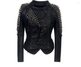 Damesleer Women Jacket Spikes Stars Slim Bi-Metal Silver Rivet Metallic PU Punk Biker Coats