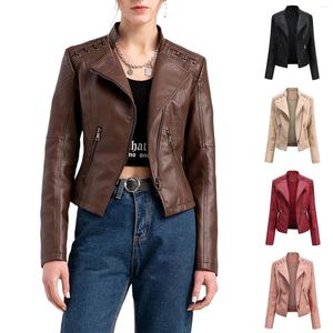 Veste en cuir pour femmes, Style Vintage, manches longues en PU, couleur unie, grande taille, manteau de Moto, col rabattu, poches, tenue quotidienne