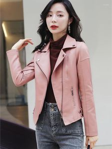 Damesleer vrouwen PU Jacket Casual Lady Motorcycle Vintage Vrouwelijke Turn Down Collar Zipper Pink Pink