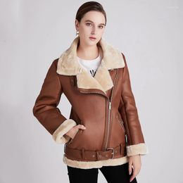 Femmes en cuir femmes Faux Casaco femmes hiver agneaux laine Parkas col de fourrure veste à glissière chaud épais survêtement agneau manteau Moto