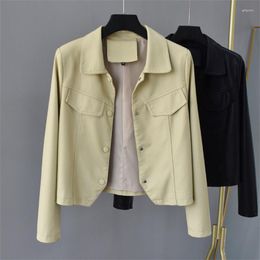 Frauen Leder Frauen Einfarbig Dünne Kurze Faux Jacke 2023 Herbst Revers einreiher Langarm Weibliche Biker Mantel Veste Femme