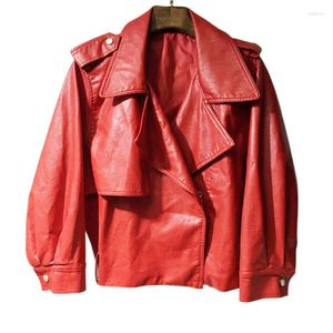 Veste en cuir rouge de printemps pour femmes, ample, manches longues, courtes pour filles, Faux manteau de moto, Streetwear à la mode