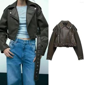 Dames leer dames vintage streetwear pu faux bijgesneden jas vrouwelijke retro moto biker met riem rits jas dame uitloper jassen