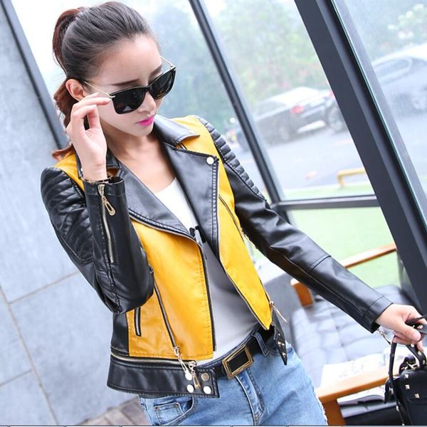 Cuero para mujer amarillo negro color block chaqueta corta chicas fresco lapa de solapa con cremallera traje de motocicleta