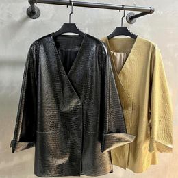 YOLOAgain – veste d'automne en cuir véritable pour femme, manteau surdimensionné à motif croco, col en v, 2023