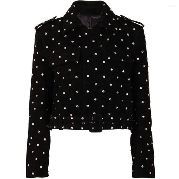 YOLOAgain – veste en cuir pour femme, automne 2023, avec perles brillantes, en daim noir, vraies dames