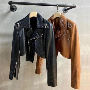 Chaqueta de motociclista Vintage corta YOLOAgain de cuero para mujer, chaqueta de motociclista
