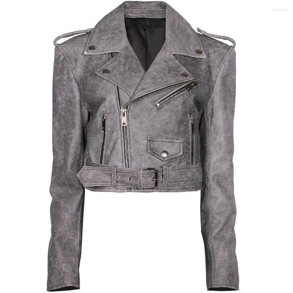 YOLOAgain-Chaqueta recortada de cuero para mujer, chaqueta corta auténtica Vintage gris, de alta calidad, para motociclista, otoño 2023