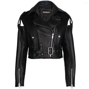 YOLOAgain – veste de motard courte en cuir pour femme, noire, mode automne 2023