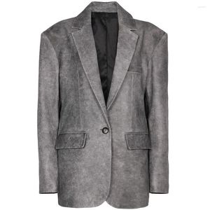 YOLOAgain cuir femme bouton unique surdimensionné Vintage gris Blazer veste femmes 2023 automne