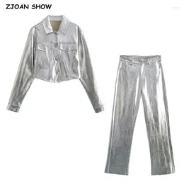 Dames lederen ZJOAN SHOW 2024 Amerikaanse retro revers dubbele zakken faux metaal zilveren jas midden taille rechte broek cool bovenkleding