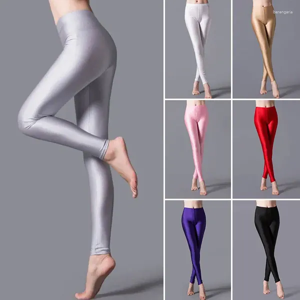 Leggings de mujeres 1pc Mujeres pantalones brillantes Color sólido Spandex Fluorescente elasticidad pantalones casuales Femenino Fitness Pantalones deportivos