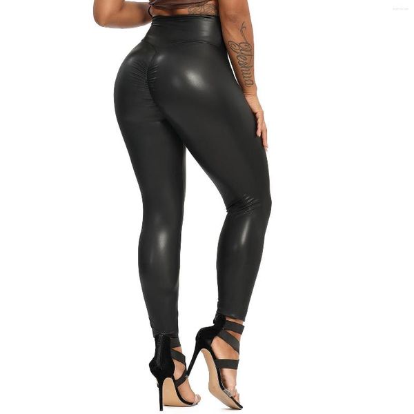 Leggings femme 2023 noir PU Legging Faux cuir verni Stretch élastique taille haute pantalon Slim pantalon Scrunch BuFashion L
