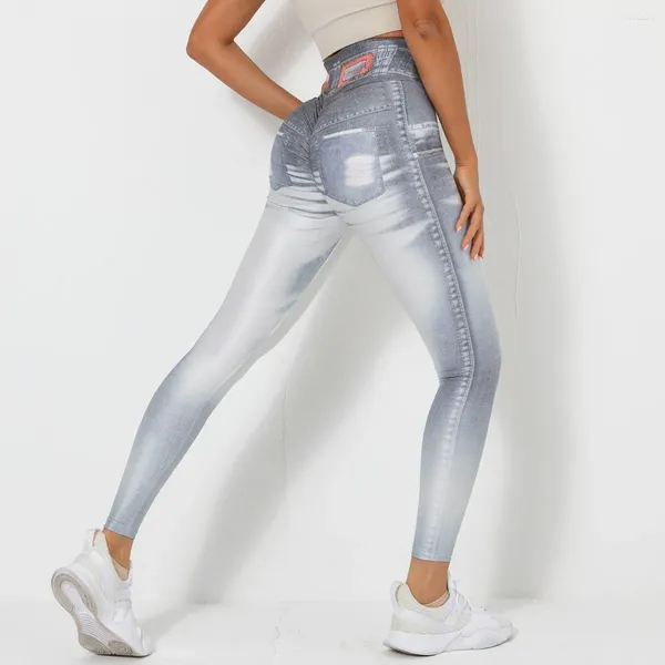 Leggings pour femmes 2023 Denim imprimé numérique serré taille haute respirant pantalons de yoga sport course fitness