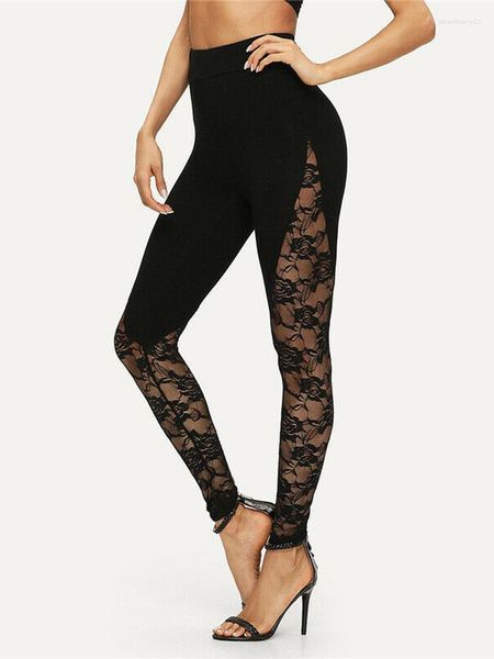 Leggings de mujer 2023 Sexy cintura alta encaje negro señoras Floral Panel lateral recortado S-2XL