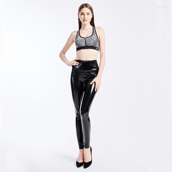 Leggings femme 2023 femmes noir vin marine mince Sexy taille haute élastique en cuir Pu pantalon slim brillant Look humide métallique Latex L