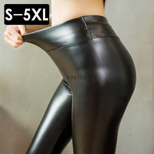 Leggings de mujer Leggings de cuero de cintura alta de talla grande 5XL para mujer, leggins ajustados sexys de cuero PU finos y finos y ligeros, pantalones largos ajustados C6743L231121