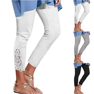 Leggings pour femmes une paire de pantalons longs décor en dentelle taille haute printemps automne mince couleur unie costume confortable pour les femmes