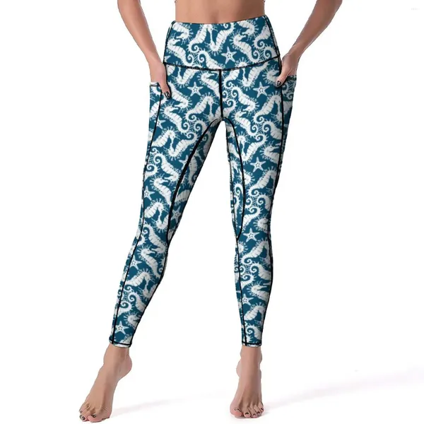 Leggings para mujer, pantalones de Yoga con silueta de Animal, estampado de Sealife azul, mallas deportivas elegantes de cintura alta sexis, mallas deportivas de secado rápido