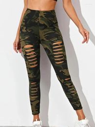 Women's Leggings Army Green Leggins Summer Cutout gescheurde camouflage bedrukte slanke stretch broek sexy broek