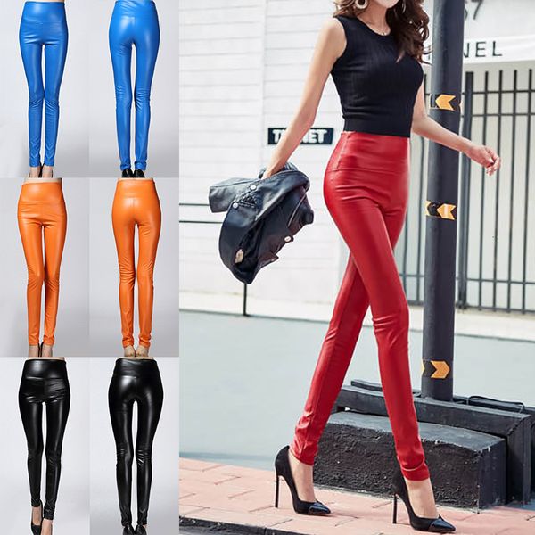 Leggings para mujer Otoño Invierno Colorido Elástico con color sólido Pantalones de cuero ajustados de cintura alta Felpa y engrosada para mujeres 230901