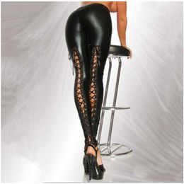 Leggings voor dames Babbytoro Women's Leggings Shinny Vinyl Faux Leather Criss Cross Punk Gothic Black Plolainas Jeggings groot formaat 7xl 6xl XS T221020