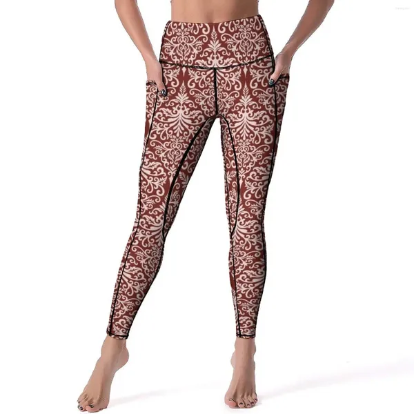 Leggings pour femmes Art floral baroque Sexy Rétro Bohême Imprimer Gym Yoga Pantalon Push Up Stretch Collants de sport Poches Funny Graphic Leggins