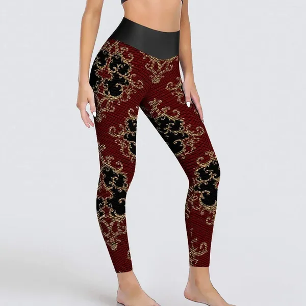 Pantalons de yoga à imprimé baroque Baroque Pantalons Femmes Gold Noir Damass