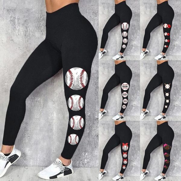 Leggings femeninos Béisbol estampado elástico ajustado para ropa externa brillante