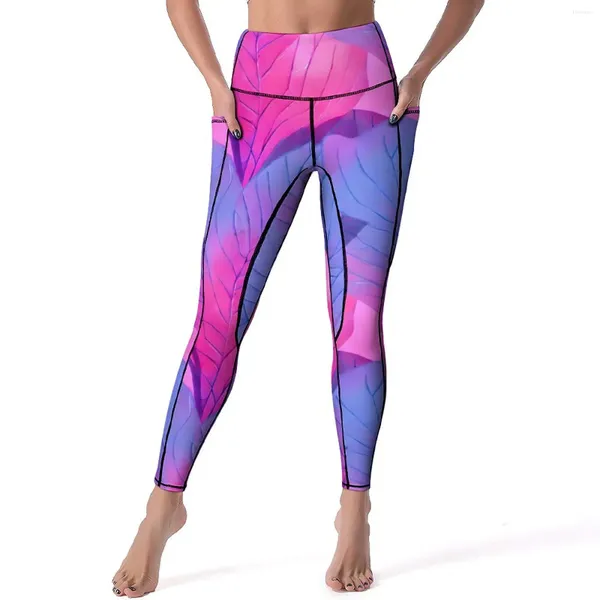 Leggings de mujer Pantalones de yoga de hoja hermosa Gráfico rosa y morado sexy Leggins de fitness de cintura alta Legging deportivo elástico elegante para mujer