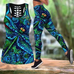 Leggings voor dames mooie yoga set 3D geprint voor vrouwen kleurrijke premium libel tank legging holle top sexy retro suit fitness soft