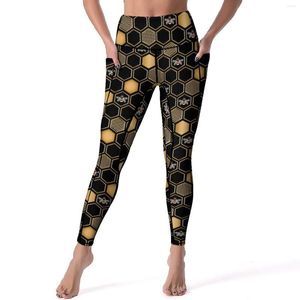Leggings de mujer Bees Impresión Pantalones de yoga Sexy Honeycomb Geométrico Impuesto Fitness Leggins Women Funny Stretch Sports Techas