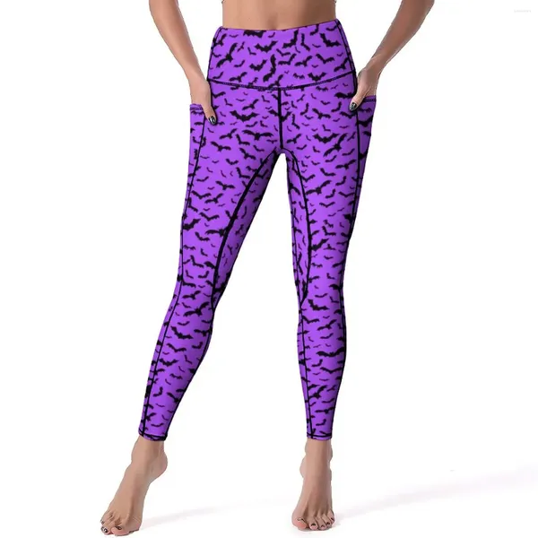 Leggings para mujer Murciélagos negros Sexy Estampado de Halloween Pantalones de yoga para correr Cintura alta Elásticos Medias deportivas Bolsillos Leggins personalizados elegantes