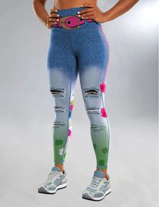 Leggings de mujer Patrón de mezclilla azul Cintura alta Yoga Mujeres Deportes Pantalones de fitness Pantalones de talla grande