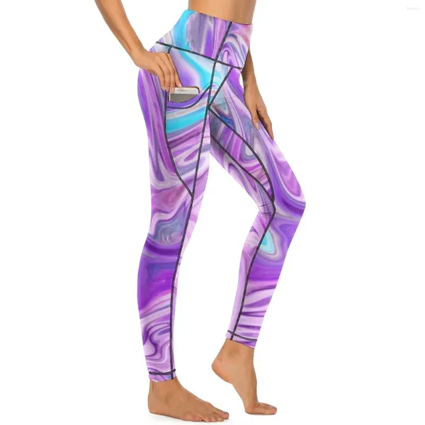 Leggings pour femmes Blue Purple Liquid Swirl Sexy Abstract Print High Taille Yoga Pantalon Kawaii Élastique Leggins Femme Imprimé Fitness Gym