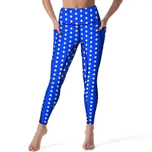 Leggings pour femmes, pantalon de Yoga à pois bleu blanc, poches, motif Vintage, Sexy, Push Up, collant de sport esthétique, extensible