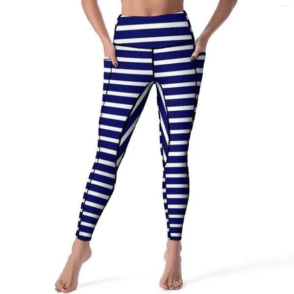 Leggings pour femmes Bleu Blanc Rayé Sexy Été Rayures Nautiques Modèle Fitness Gym Yoga Pantalon Push Up Collants De Sport Extensibles Avec