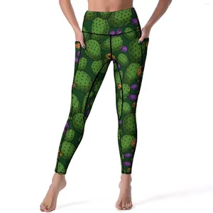 Leggings para mujer Estampado de cactus Opuntia floreciente sexy Pantalones de yoga para fitness Push Up Medias deportivas de secado rápido Bolsillos Leggins personalizados elegantes