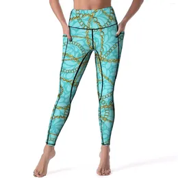 Leggings pour femmes imprimé chaîne rétro Floral Fitness pantalon de Yoga taille haute Kawaii Leggins Design extensible collants de sport cadeau