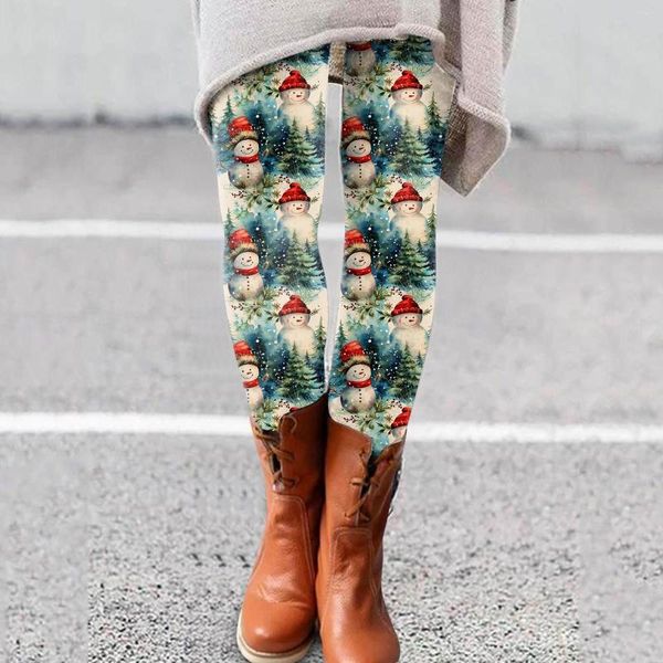 Leggings para mujer Pantalones navideños Muñeco de nieve Color antiguo Estampado vintage Estiramiento Cintura alta Fiesta de damas