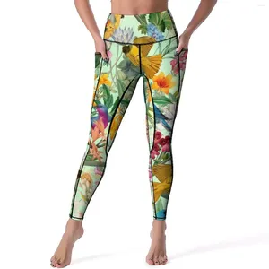 Leggings pour femmes Pantalons de yoga imprimés d'oiseaux colorés Poches Paradis tropical Floral Sexy Push Up Collants de sport doux Extensible Personnalisé