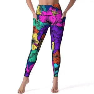 Leggings de mujer Flor colorida Sexy Estampado de hibiscis Pantalones de yoga de cintura alta Leggins divertidos de secado rápido Señora Impreso Entrenamiento Medias deportivas