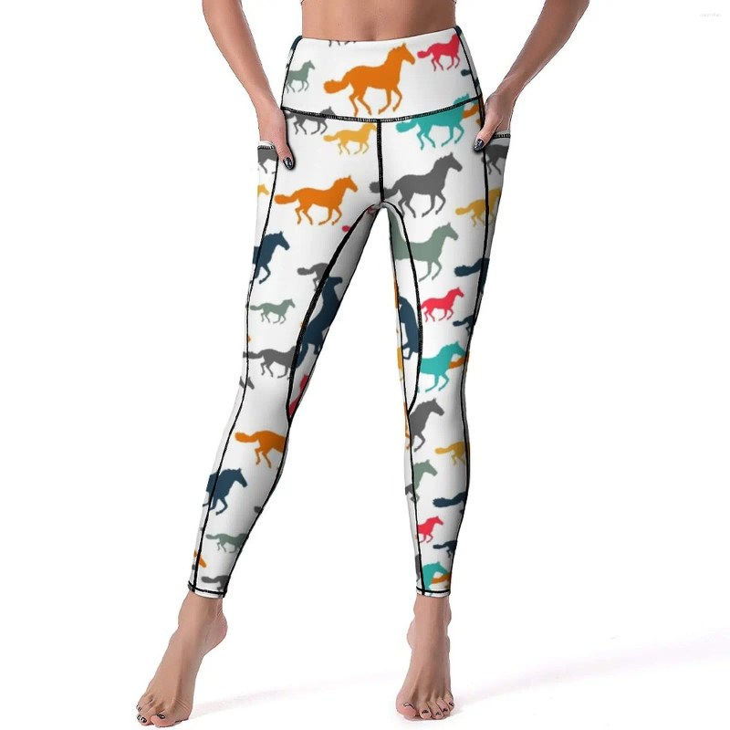 Leggings pour femmes Chevaux colorés Sexy Dessin animé Modèle de cheval Pantalon de yoga d'entraînement Taille haute Collants de sport extensibles avec poches