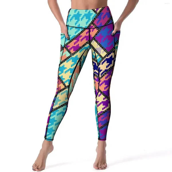 Leggings pour femmes coloré pied-de-poule style patchwork fitness pantalons de yoga taille haute respirant leggins motif à séchage rapide collants de sport